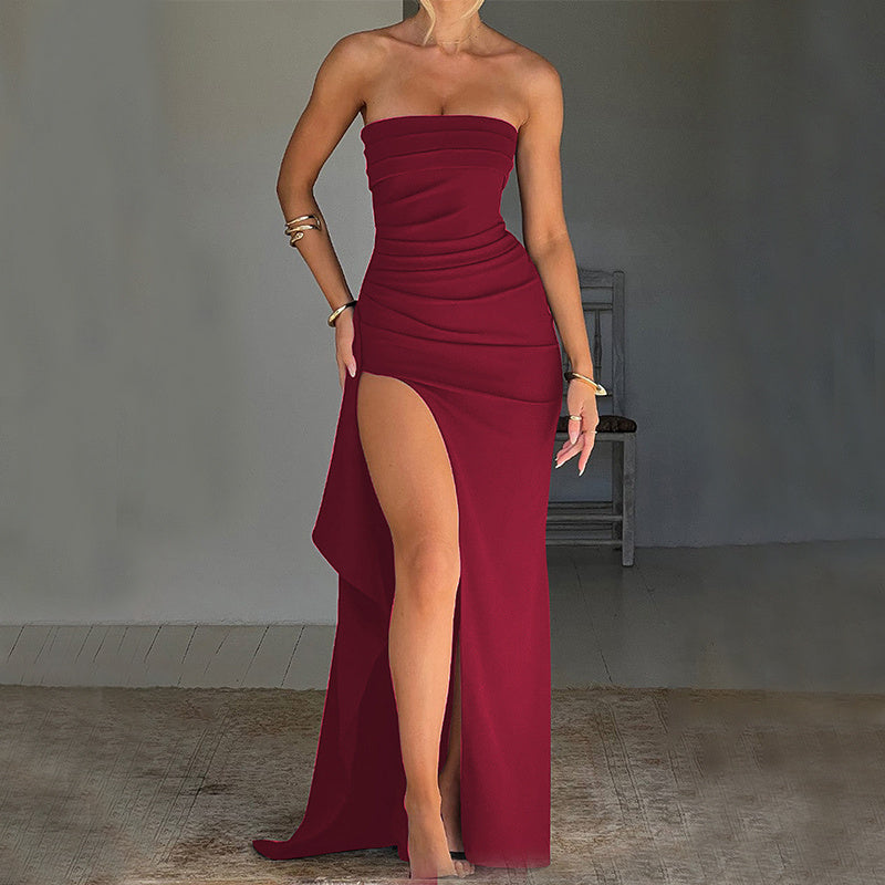 Strapless Split Long Dresses Summer Fashion Pleated Bridesmaid Dress For Womens Party Wedding Clothing