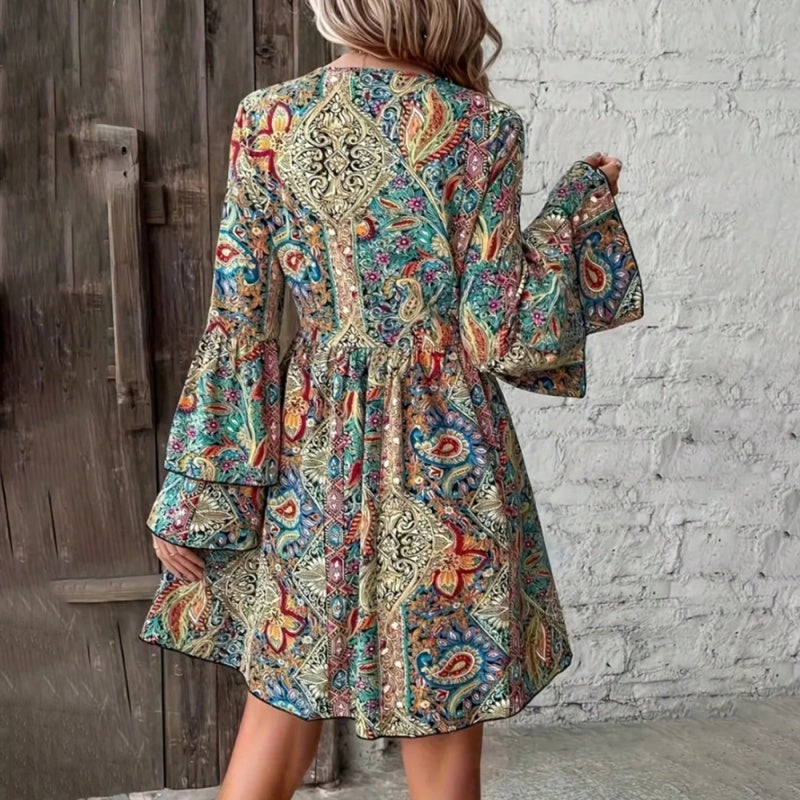 Women’s summer A-line floral party dress, side view.