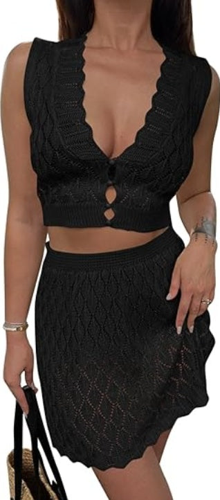 Women’s Two-Piece Crochet Skirt Set – Sleeveless V-Neck Crop Top & Cover-Up
