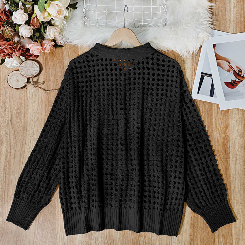 Women's Plus Size Cardigan Lightweight Hollow Out V-Neck Button Down Long Sleeve Knit Coat, 0XL-4XL