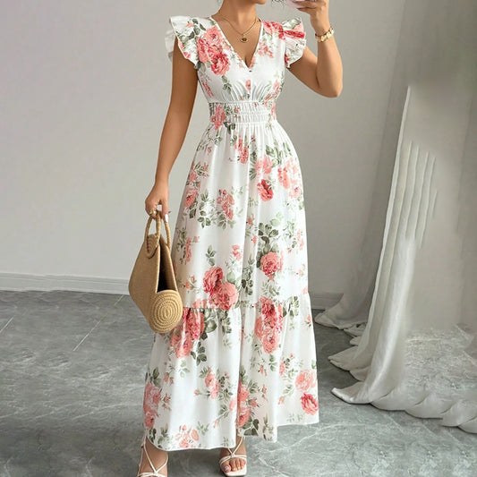Women’s Summer Maxi Dress – Flowy Beach Casual A-Line with V-Neck