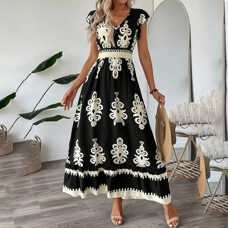 Summer Flowy Maxi Dress – V-Neck, Cap Sleeve, Smocked Waist