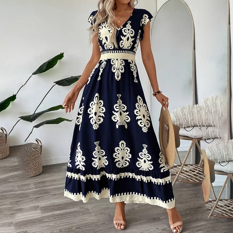Summer Flowy Maxi Dress – V-Neck, Cap Sleeve, Smocked Waist