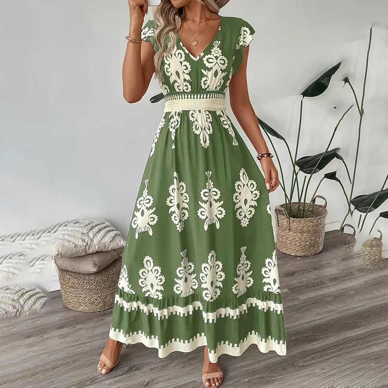 Summer Flowy Maxi Dress – V-Neck, Cap Sleeve, Smocked Waist