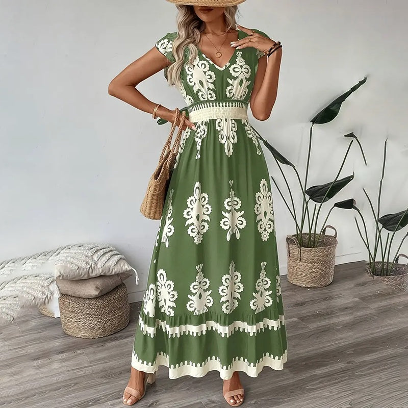 Summer Flowy Maxi Dress – V-Neck, Cap Sleeve, Smocked Waist