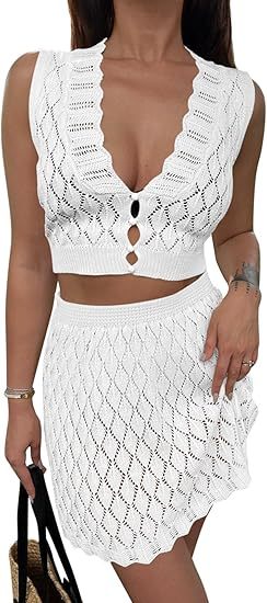 Women’s Two-Piece Crochet Skirt Set – Sleeveless V-Neck Crop Top & Cover-Up