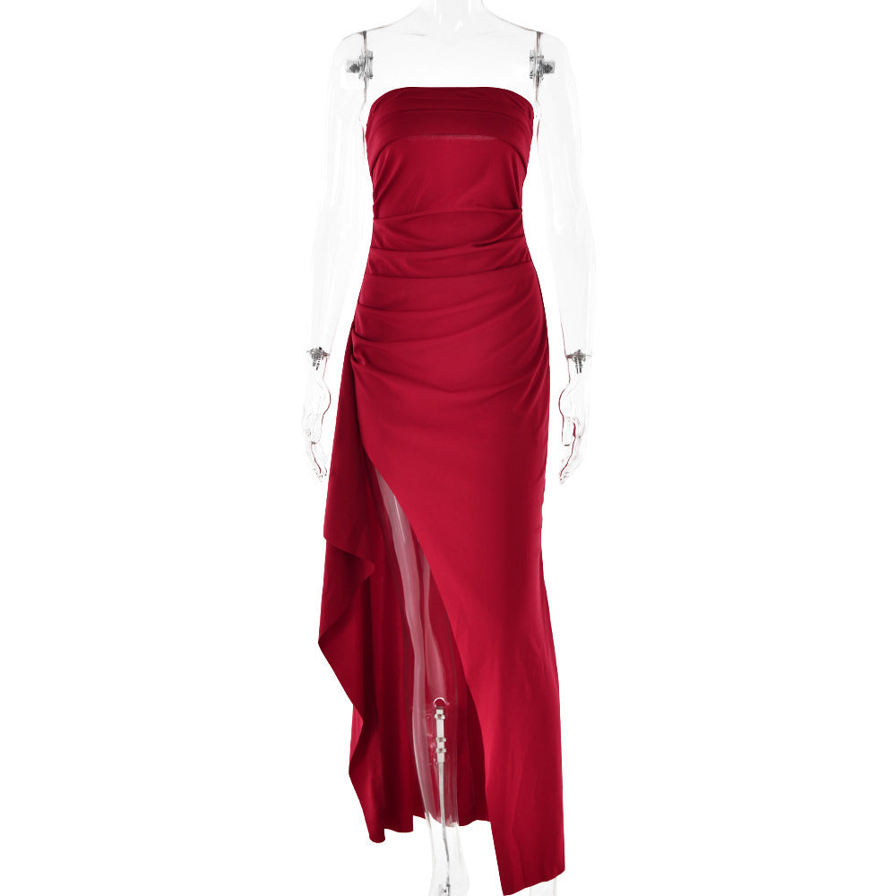 Strapless Split Long Dresses Summer Fashion Pleated Bridesmaid Dress For Womens Party Wedding Clothing