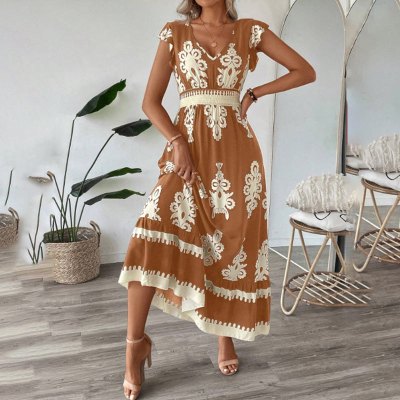 Summer Flowy Maxi Dress – V-Neck, Cap Sleeve, Smocked Waist