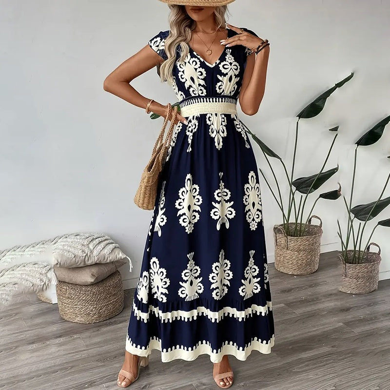 Summer Flowy Maxi Dress – V-Neck, Cap Sleeve, Smocked Waist