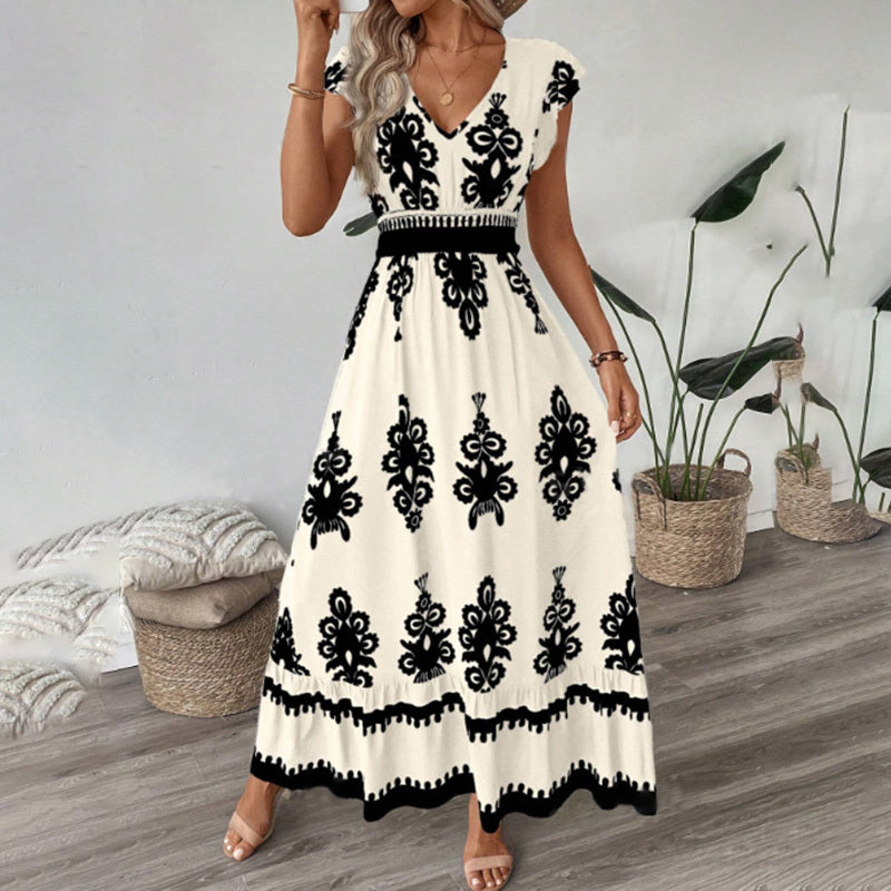 Summer Flowy Maxi Dress – V-Neck, Cap Sleeve, Smocked Waist