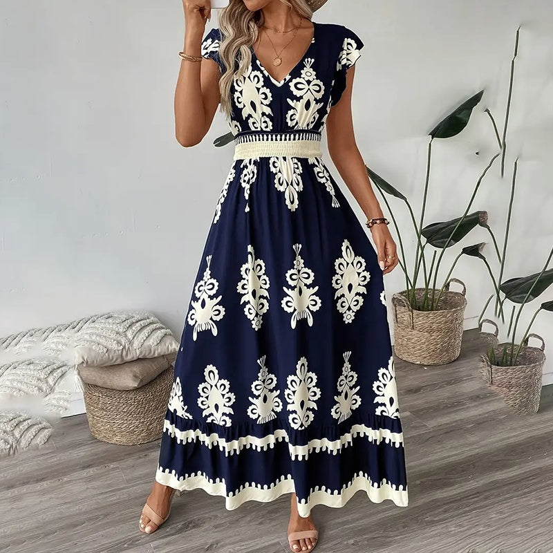 Summer Flowy Maxi Dress – V-Neck, Cap Sleeve, Smocked Waist