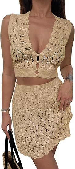Women’s Two-Piece Crochet Skirt Set – Sleeveless V-Neck Crop Top & Cover-Up