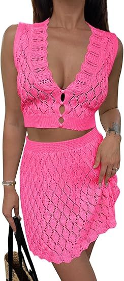 Women’s Two-Piece Crochet Skirt Set – Sleeveless V-Neck Crop Top & Cover-Up