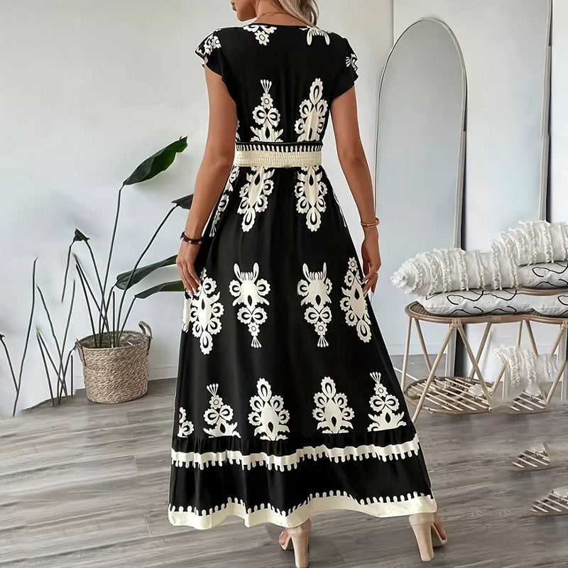 Summer Flowy Maxi Dress – V-Neck, Cap Sleeve, Smocked Waist
