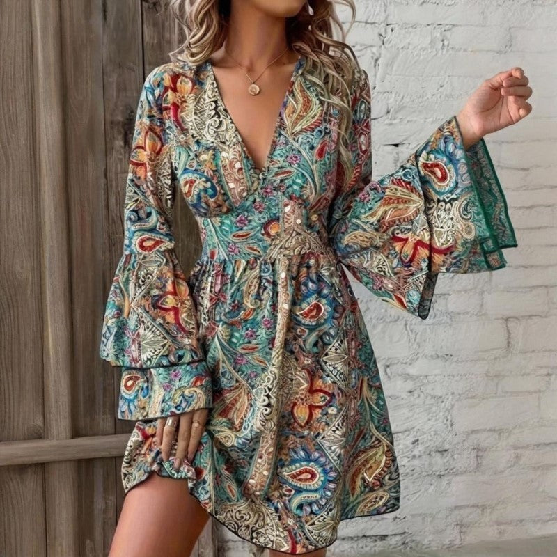 Elegant floral V-neck dress with layered bell sleeves, front view.