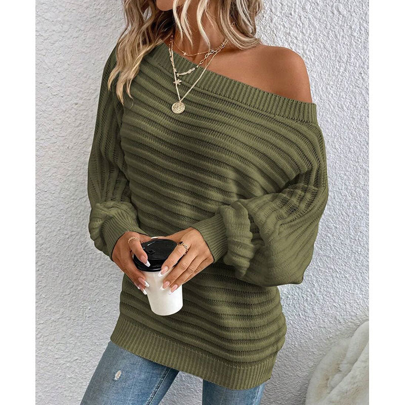 Women's Off Shoulder Sweater Batwing Sleeve Pullover Top Fall Casual Loose Knit Long Sleeve