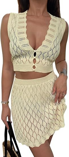 Women’s Two-Piece Crochet Skirt Set – Sleeveless V-Neck Crop Top & Cover-Up