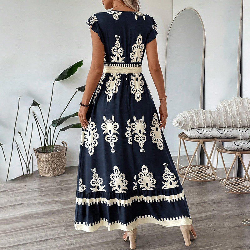 Summer Flowy Maxi Dress – V-Neck, Cap Sleeve, Smocked Waist