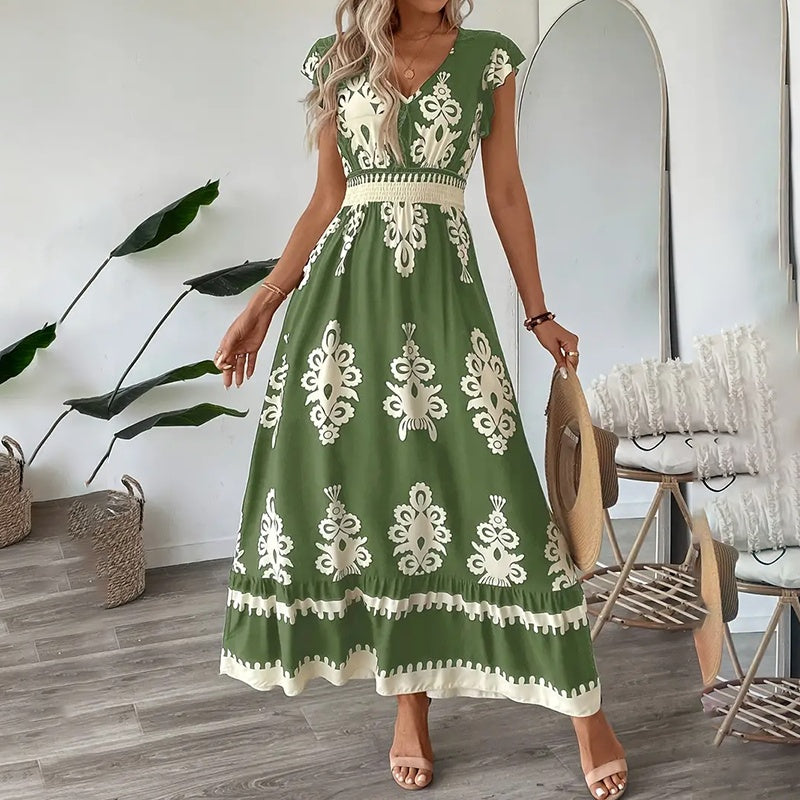 Summer Flowy Maxi Dress – V-Neck, Cap Sleeve, Smocked Waist