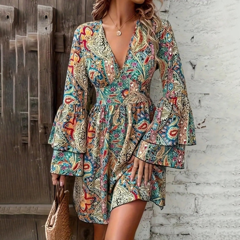 Back view of elegant floral print V-neck dress for women.